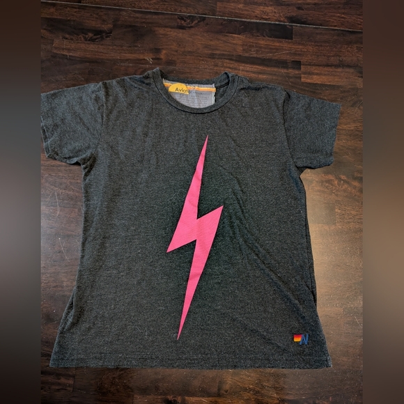 Aviator Nation Charcoal Tee with Pink Lightning Bolt, Girls 12 - Picture 1 of 4